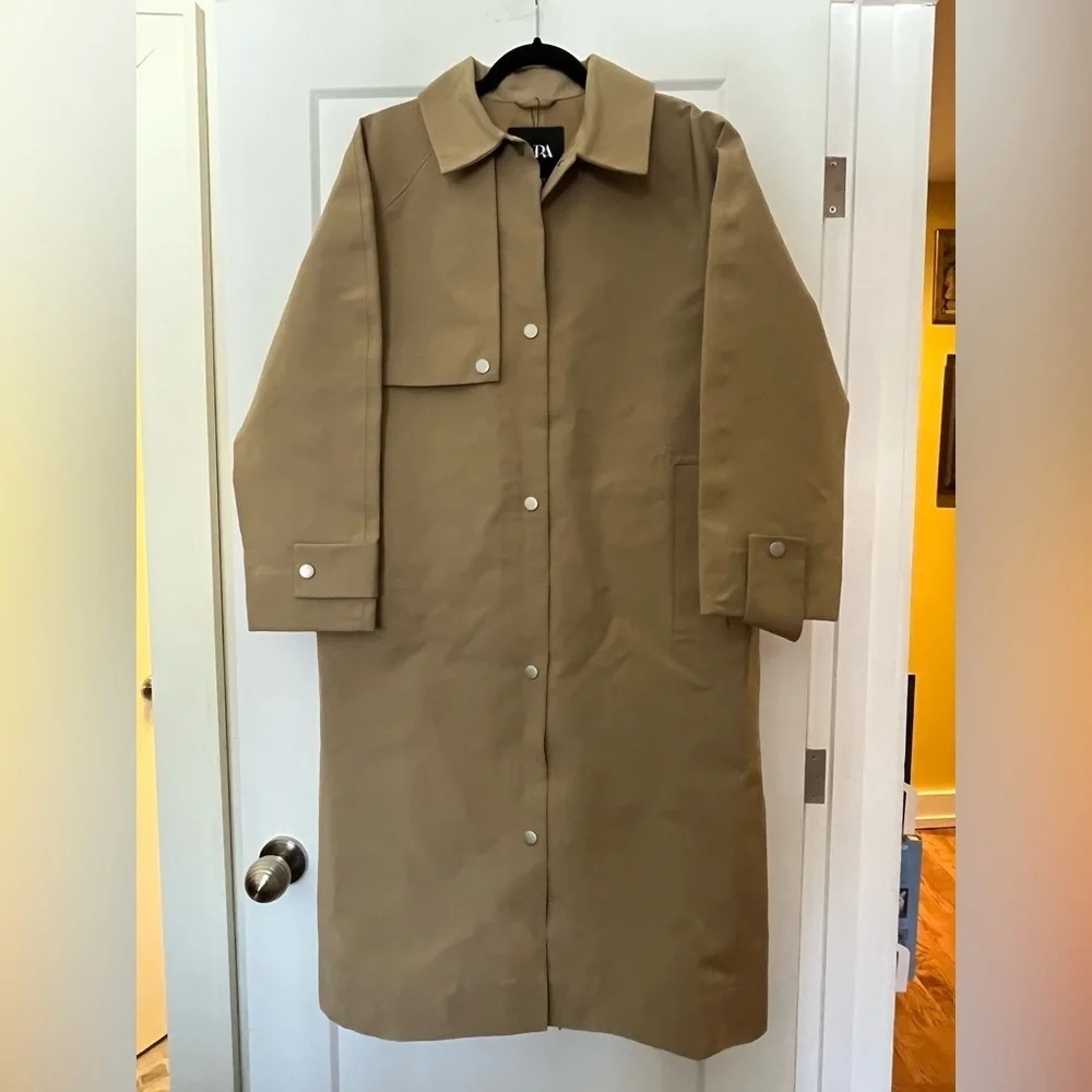 NWT Zara Collection Straight Water Resistant Minimalist Beige Trench Coat L - Picture 4 of 13